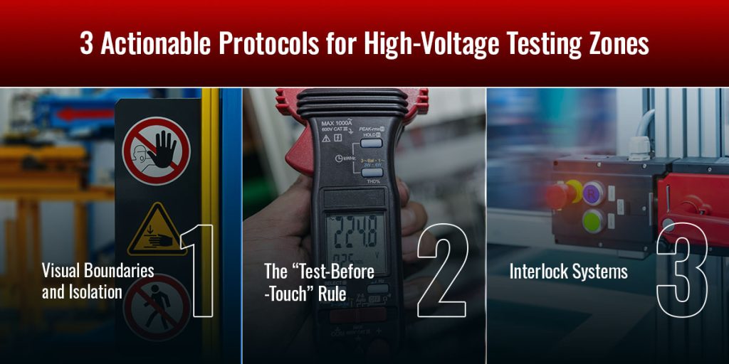 A guide outlining 3 Actionable Protocols for High-Voltage Testing Zones. 1 is visual boundaries and isolation, 2 is the rest before touch rule, and 3 is the interlock systems. 