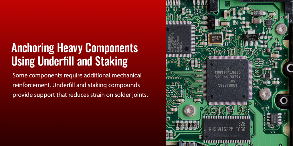 Guide to anchoring heavy components using underfill and staking, highlighting additional mechanical reinforcement