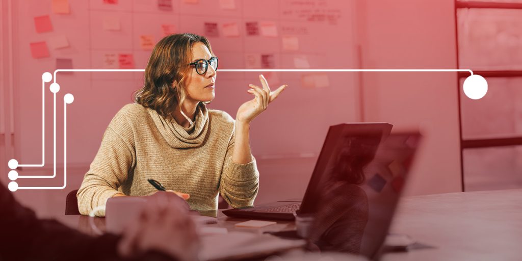 Woman at electronic meeting for new product introduction